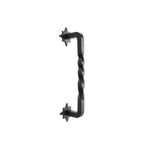 May include: Black metal door pull with a twisted design and star-shaped ends.