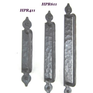 May include: Three black metal door pulls with a hammered finish and decorative finials. The pulls are labeled HPR411, HPR611, and HPR811.