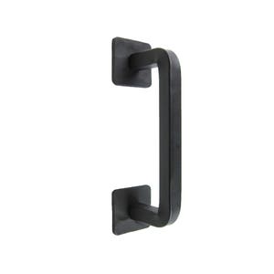 May include: Black metal door handle with a square backplate. The handle is shaped like a 'J' and is designed for pulling doors open.