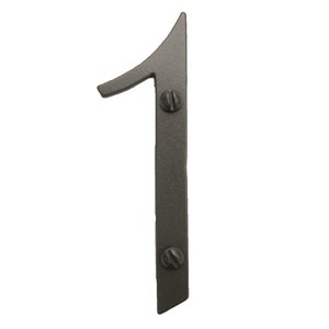 May include: A black metal house number one with a decorative, stylized font. The number is attached to a surface with two screws.