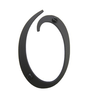 May include: Black metal house number zero with a curved design. The number is attached with two screws.