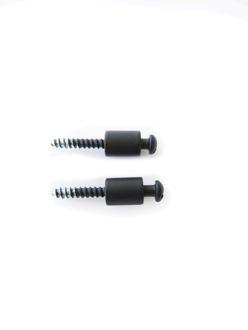 May include: Two black screws with a round head and a black metal shaft. The screws are designed for attaching items to a wall.