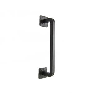 May include: Black metal door handle with a square backplate. The handle is a simple, rectangular shape with rounded edges.
