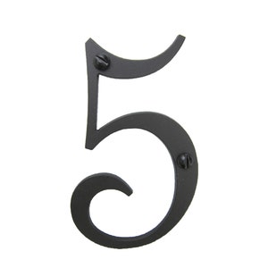 May include: Black metal house number five with a decorative, stylized font. The number is attached with screws.
