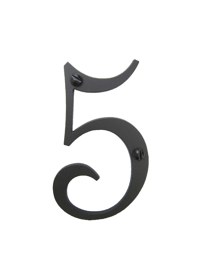 May include: Black metal house number five with a decorative, stylized font. The number is attached with screws.
