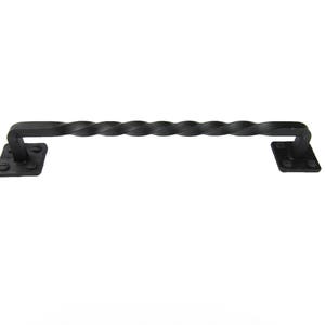 May include: Black twisted metal door pull handle with square plates on each end.