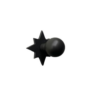 May include: A black star-shaped knob with a round black ball on the end. The knob is made of a smooth, matte material.
