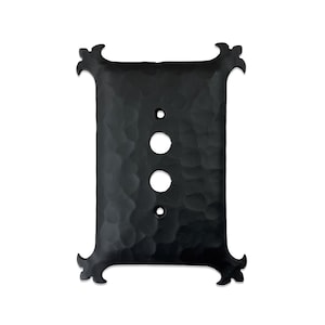 May include: Black metal switch plate with a hammered finish and decorative fleur-de-lis accents. The plate has two round openings for switches or outlets.