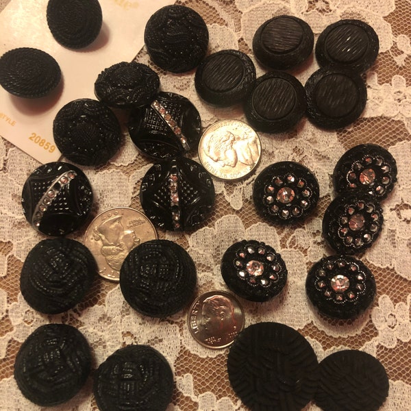 Lot of 24 fancy black coat or sweater buttons, 3 sizes in all, vintage