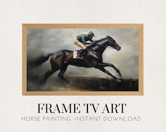 May include: A painting of a brown horse running with a jockey in a green and brown uniform. The horse is in mid-air, jumping over a fence. The painting is framed in a light brown wood frame. FRAME TV ART HORSE PAINTING - INSTANT DOWNLOAD