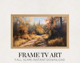 May include: A framed painting of a fall landscape with a dirt road winding through a forest of trees with yellow and orange leaves. The text "FRAME TV ART FALL SCAPE-INSTANT DOWNLOAD" is below the painting.