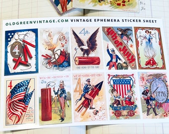 July 4th Sticker Sheet of Antique Independence Day Postcards - Glossy Vintage Style Easy Peel Scrapbook, Junk Journal, Crafting - 5x8 Sheet