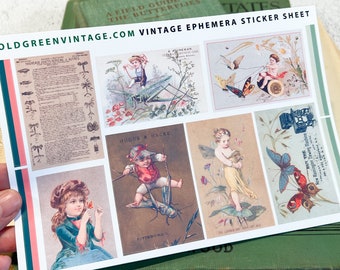 Bugs & Butterflies Sticker Sheet - Glossy Vintage Style Easy Peel for Scrapbook, Garden Junk Journal, Crafting - 5x8