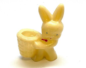 Vintage Wax Bunny with Basket Candy Container, Miniature, Cake Topper, Hollow, RARE, c1940