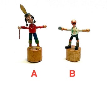 Vintage Push Puppets, Indian, German Man with Beer, Wooden, Toy, Collapsable, Retro Toys, Italy, 1950's