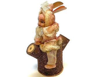 RARE Antique Wax German Candy Container, Child with Bunny Ears, Easter, Straw Covered Cardboard Tree Trunk, Spun Cotton Suit, c1910