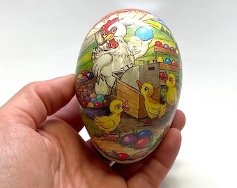 German Papier-Mâché Easter Egg, 3 1/4" x 2 1/4", Candy Container, Easter Decor, German Democratic Republic, Animal Illustration, 1980