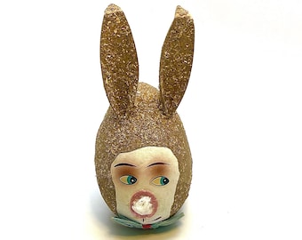 Vintage Easter Candy Container Rabbit Head, West Germany, 1950's, Papier-mâché, Crêpe Paper, Straw Covered, Easter Decoration