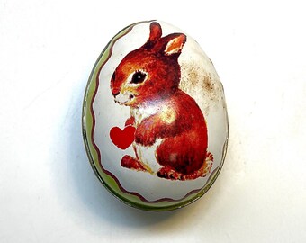 Vintage Tin Lithograph Easter Egg, Bunny, Candy Container, Enesco Imports, Hong Kong, 1980