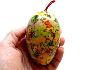 Papier-Mâché Easter Egg, Handmade in Western Germany, Baby Ducks, Flowers, Illustration, 1960