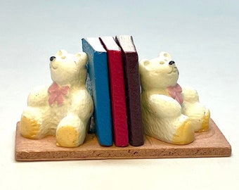 Dollhouse Children's Books with Teddy Bear Bookends, Miniature, Library, Children's Room, Nursery Decor, Book Shelf, 1:12 Scale, 3 Books