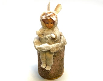 RARE Antique Poured Wax German Candy Container, Child with Bunny Ears, Easter, Straw Covered Box, Spun Cotton Suit, Celluloid Face, c1910