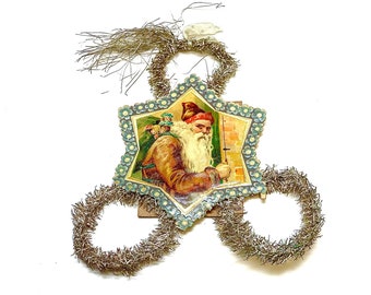 Antique Victorian Scrap Paper Santa Claus Ornament, Lead Tinsel, Christmas Decoration, Die-cut, Germany, c1900-10