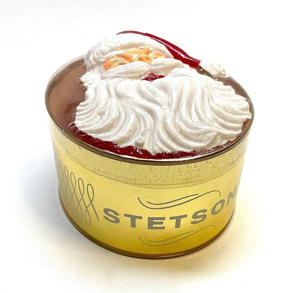 Vintage Stetson Hat Box Santa Ornament, Salesman Sample, Hard Plastic Hat, Advertising Piece, Cardboard, 1960's