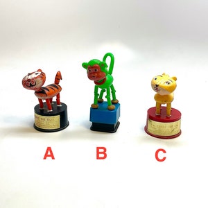 Vintage Push Puppets, Terry the Tiger, Candy the Cat, Monkey, Plastic, Toy, Collapsable, Retro Toys, 1960's