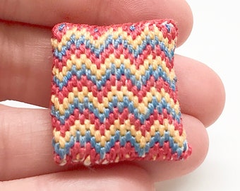 Dollhouse Needlepoint Pillow, Embroidery, Silk, Chevron Stitch, Miniature, Handmade, Artisan, Pillows, Vintage, 1:12 Scale