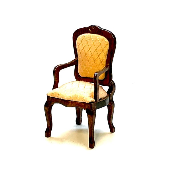 Dollhouse Arm Chair, Queen Anne, Chair, Miniatures, Taupe/Peach Silk Damask Seat, Upholstered, Republic of China, 1990