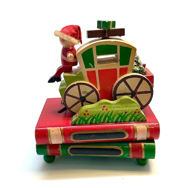 Vintage Animated Santa on a Stage Coach Music Box, Plays Santa Claus is Coming to Town, Book Base, Wooden, Bottle Brush Tree, Works, 1960