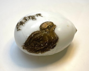 Victorian Milk Glass Easter Egg with Repoussé Chick and Words, Hand Blown, Easter Decor, 1910