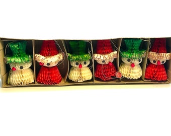 Vintage Japan Honeycomb Santa Claus and Snowman Ornaments, Set of 6 in Original Box, 1960