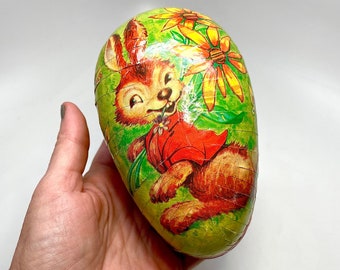 German Papier-Mâché Easter Egg, Large, 3 1/4" x 5 1/4", Handmade in Western Germany, Bunny, Flowers, Butterflies, Illustration, 1960