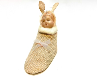 Antique German Candy Container, Easter Baby Shoe, Celluloid Doll Face, Bunny Ears, Cotton Lace Covered Shoe, Spun Cotton, Flocked Paper Ears