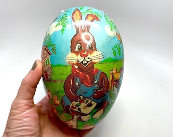 German Papier-Mâché Easter Egg, Large, 3 1/2" x 5 1/4", Handmade in Germany, Bunny Painting Eggs, Chicks, Hen, Hedgehog, Illustration, 1980