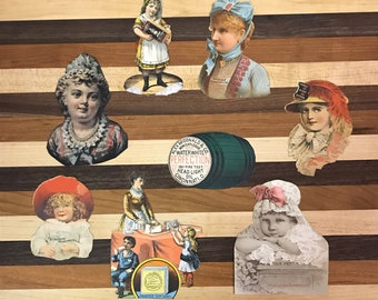 Victorian Paper Scraps, Ladies, Ephemera Collection, Graphic, Chromolithograph, Advertising, Yeast, Oil,Scrapbook, Scraps, 8 Pc., c1880-1900