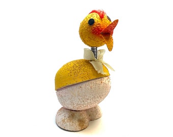 Vintage Easter Candy Container Chicken, Bobble Heads, West Germany, 1950's, Papier-mâché, Mica Bead Covered, Easter Decoration