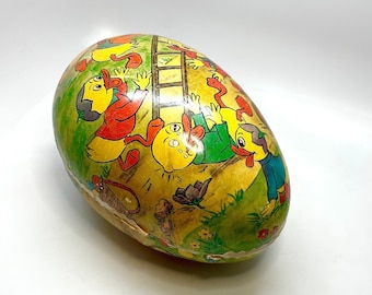 German Papier-Mâché Easter Egg, Large, 8" x 5", Handmade in East Germany, Mischievous Baby Ducks, Illustration, Vintage, 1960