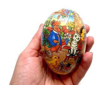 Papier-Mâché Easter Egg, 3 1/4" x 2 1/4", Candy Container, Easter Decor, German Democratic Republic, Bunny, Animal Illustration, 1980