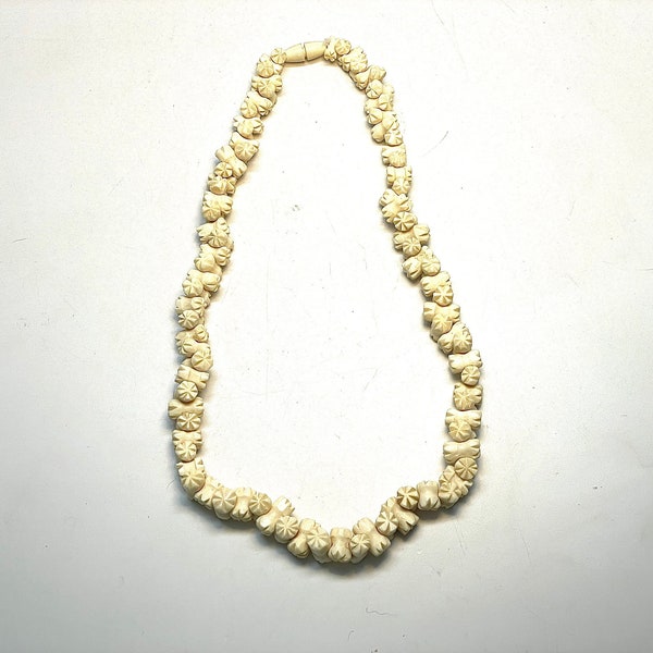 Vintage Carved Ox Bone Necklace, 18 inch, Popcorn, Carved Bone Screw Enclosure, Unique, MCM, Gift, Jewelry, 1940's