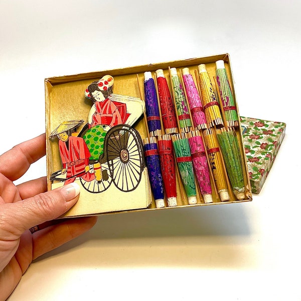 Vintage Geisha Place Cards with Paper Umbrellas, Rickshaw, Never Used, Box Set of 12, Japan, Hand Painted, Ephemera, Table Decor, 1940's