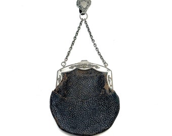 Antique Edwardian Chatelaine Purse, Two-Tone Leather, Floral Frame, Waist Hanging Bag Patent- July, 2 1901