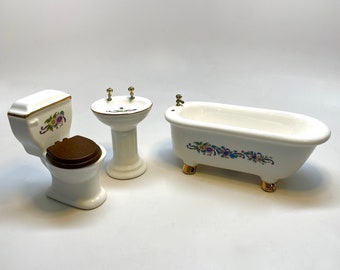 Dollhouse Bathroom Set, Miniature Doll Furniture, Bathroom, Porcelain, Metal Fixtures, Victorian, 3 Piece, 1:12 Scale, Vintage