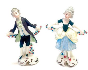 Vintage Miniature Victorian Couple Figurines, Victorian, Bisque, Porcelain, Delicate, Germany, 2.5 inches, c1940