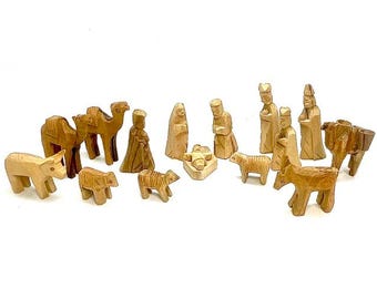 Olive Wood Nativity set ,carved nativity, Christmas Display, Holy Land, Children's Nativity set, Vintage, 16 pc, wiseman 3 1/4", 1970's