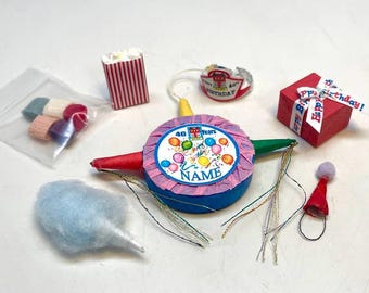 Dollhouse Miniature 40th Birthday Celebration Set, Piñata, Tiara, Hat, Present, Popcorn, Cotton Candy, Crepe Streamers, Artisan, 1:12 Scale