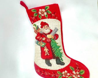 Vintage Needlepoint Christmas Stocking, Santa Claus with Toys and Tree, Flowers, Velvet Backing, 100% Wool, Lined, c1980