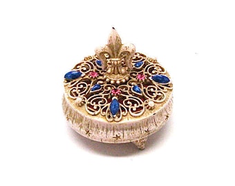 Pink Florenza Trinket box with Purple White stones Gold tone metal Hollywood Regency Style Covered Trinket Box